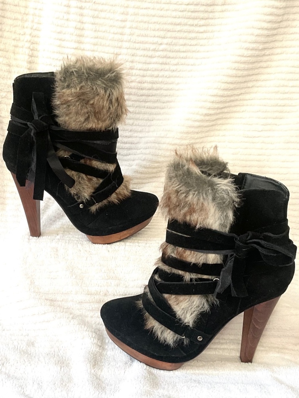 Black Suede Wooden High Heel Platform Furry Bow Tie Slip on Boots Sz 9/EUR 40